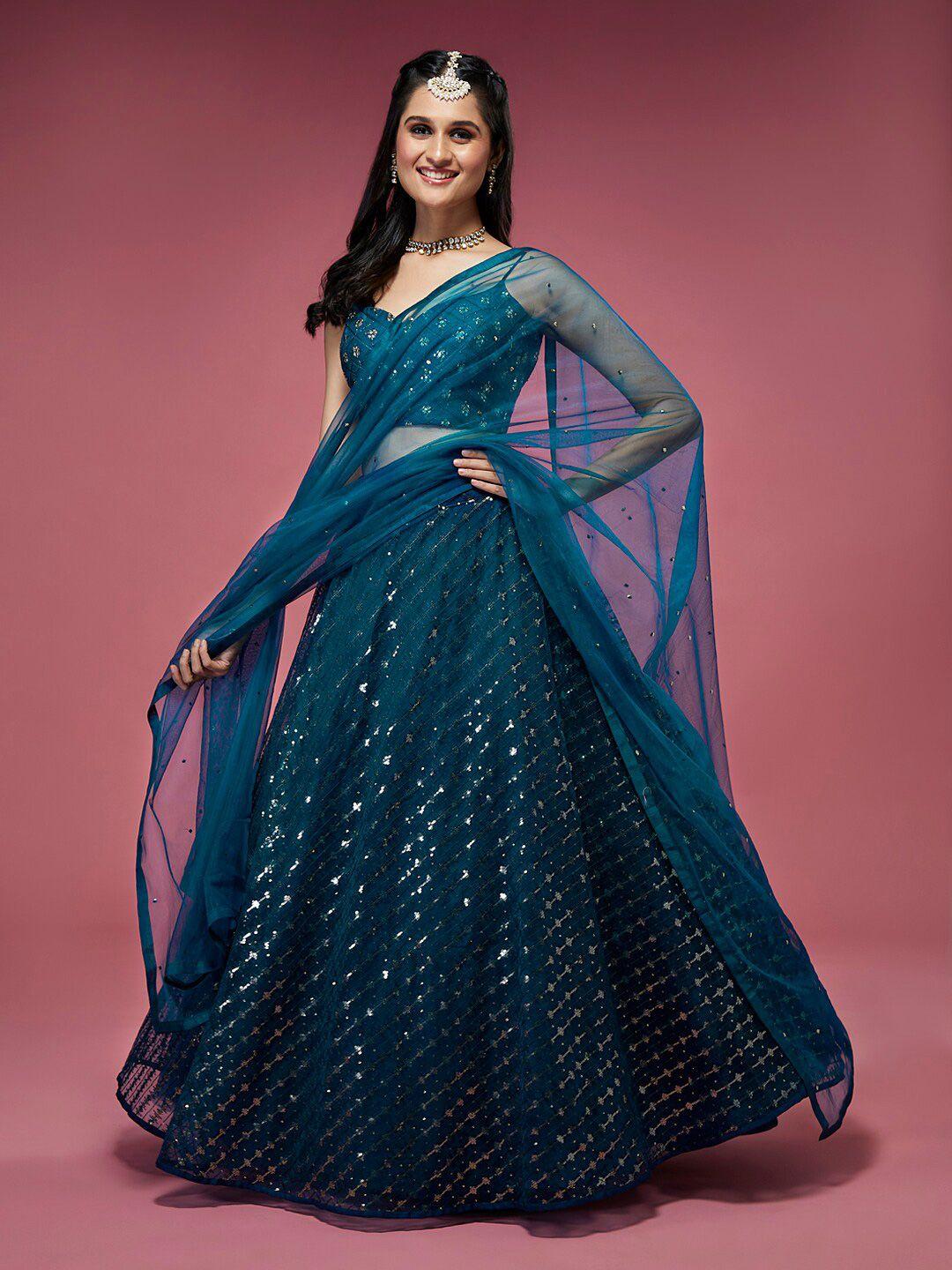 manohari teal & embroidered sequinned semi-stitched lehenga & unstitched blouse with dupatta