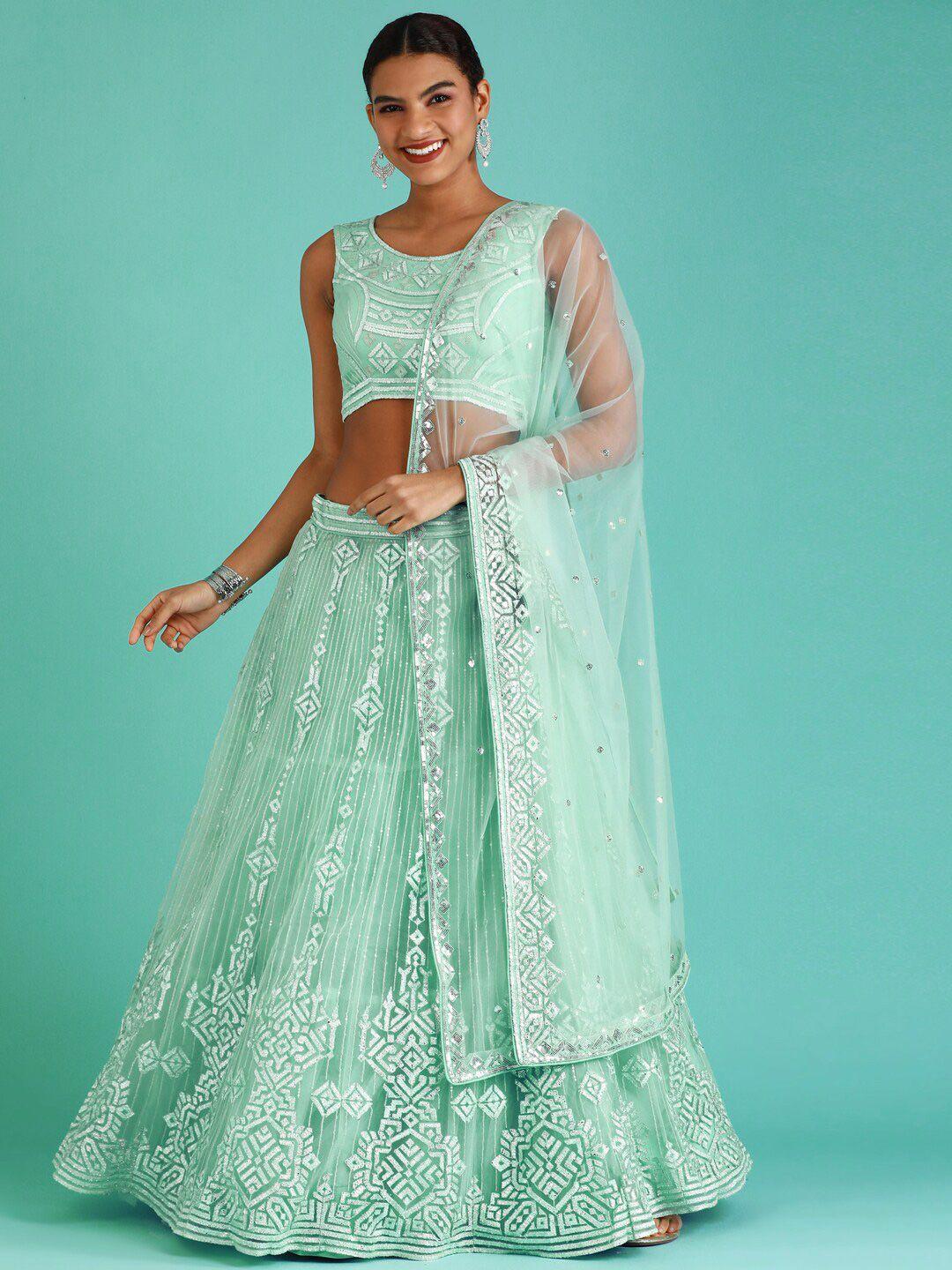 manohari turquoise blue & embellished semi-stitched lehenga & unstitched blouse with dupatta