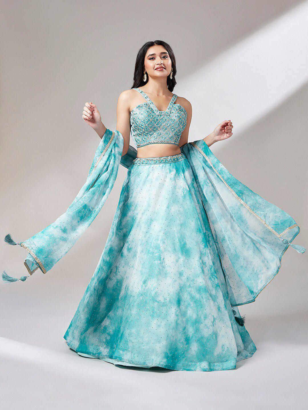 manohari turquoise blue & embroidered semi-stitched lehenga & unstitched blouse with dupatta