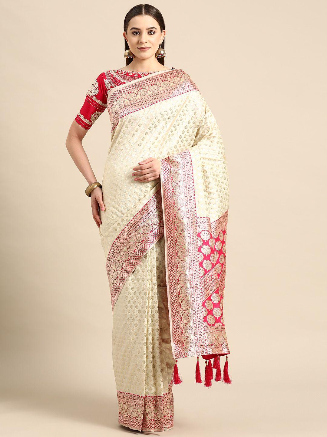 manohari white & pink woven design silk blend banarasi saree