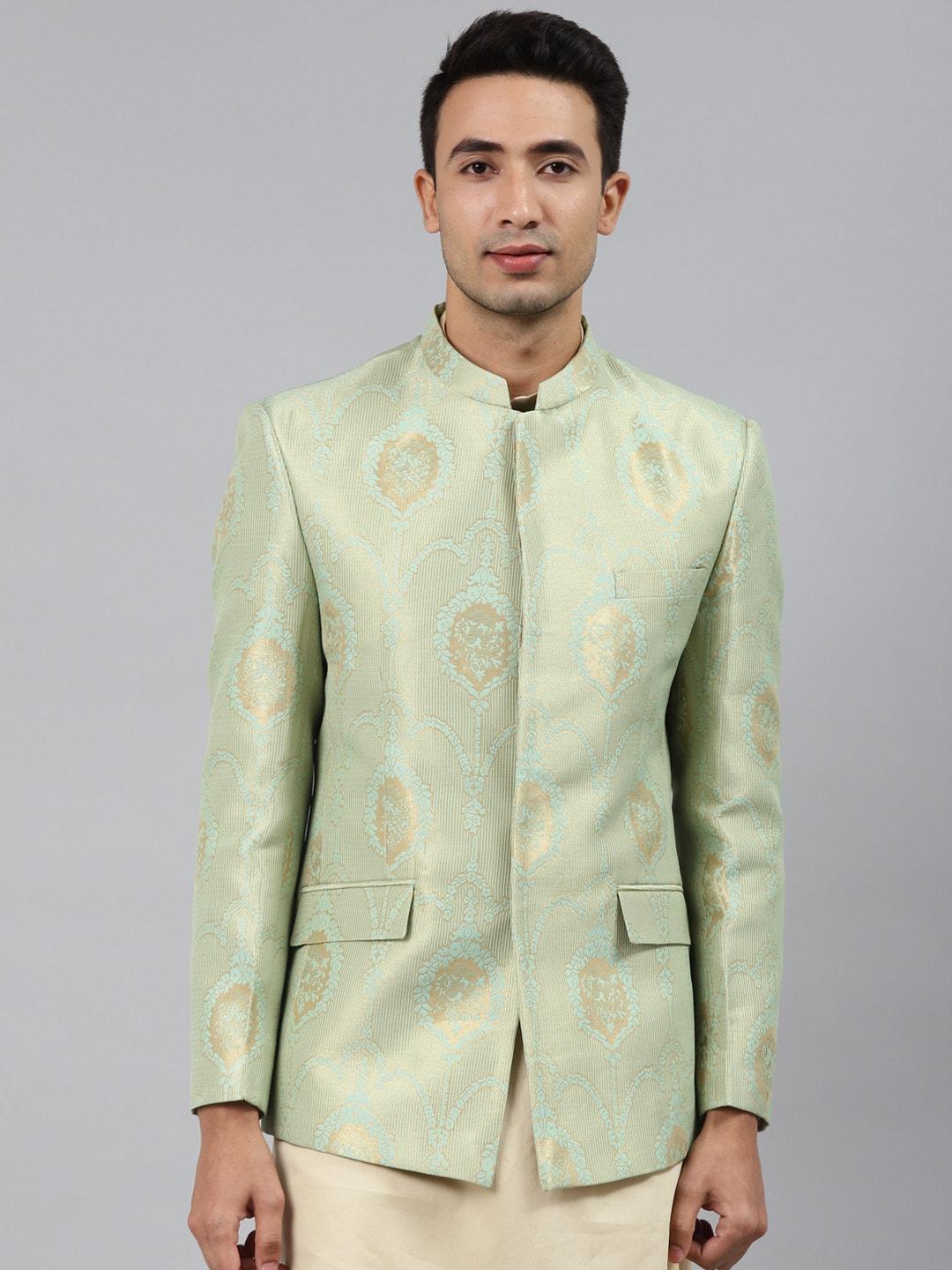 manq  men green self-design slim fit bandhgala blazer