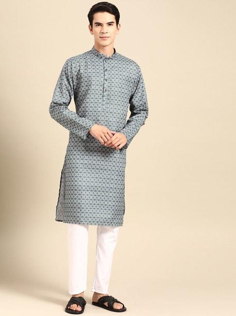 manq blue & white regular fit printed kurta bottom set