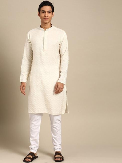 manq cream & white regular fit self pattern kurta bottom set