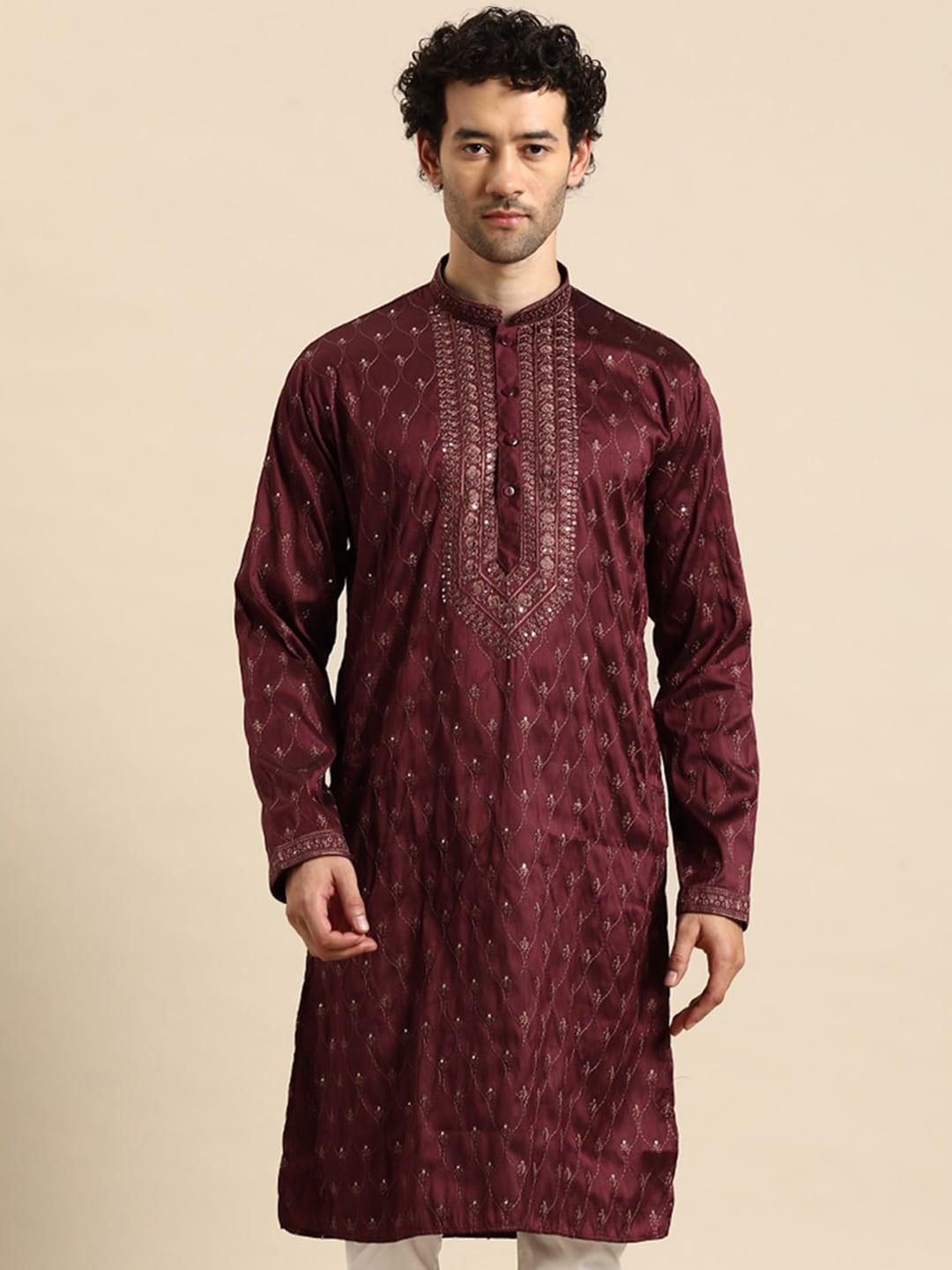 manq ethnic motifs embroidered sequinned mandarin collar long sleeves straight kurta