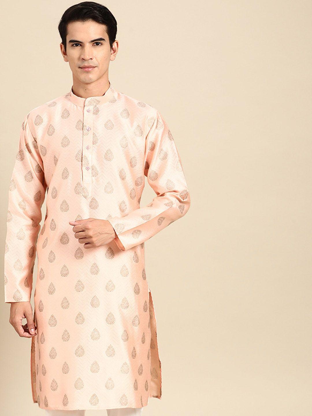 manq ethnic motifs printed mandarin collar pastel straight kurta