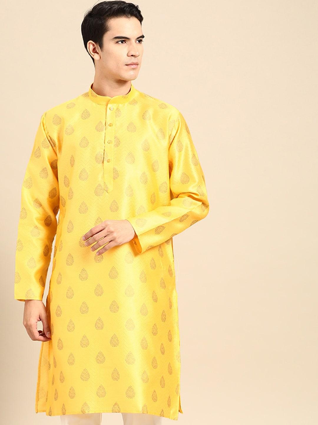 manq ethnic motifs woven design mandarin collar straight kurta