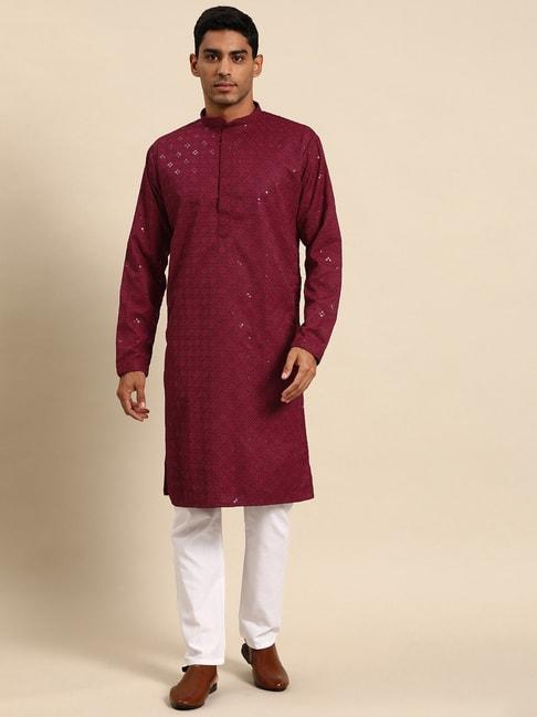 manq maroon & white regular fit embroidered kurta bottom set