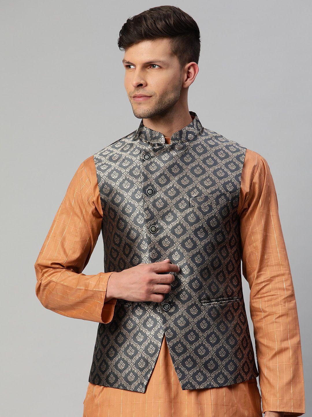 manq-men-charcoal-grey-&-gold-ethnic-motifs-jaquard-woven-design-nehru-jacket