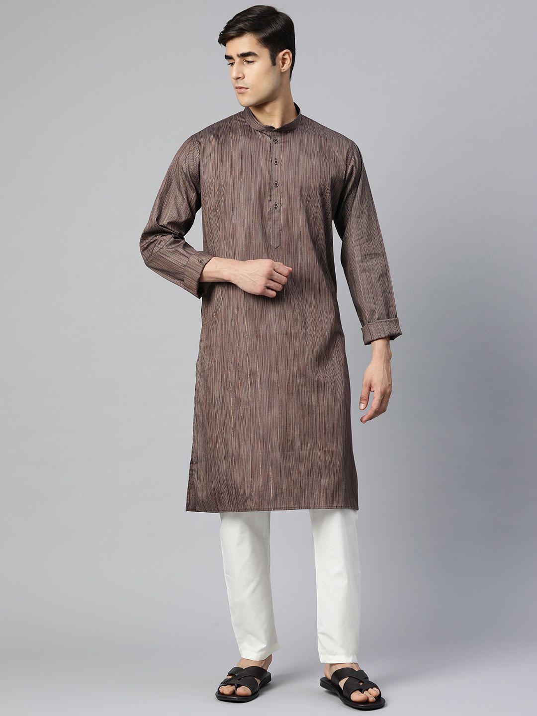 manq men taupe striped pure cotton kurta with pyjamas