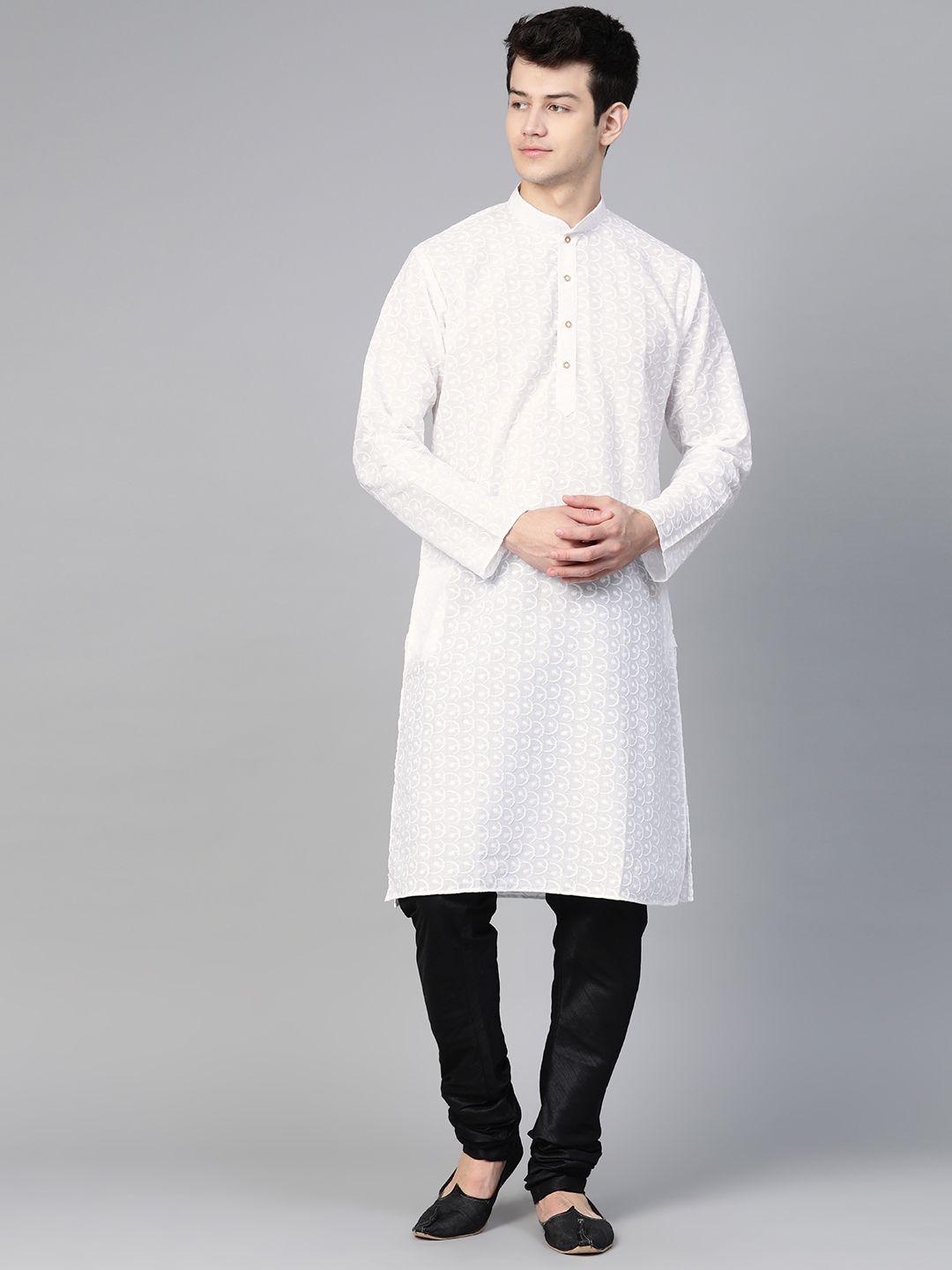manq men white chikankari embroidered straight kurta