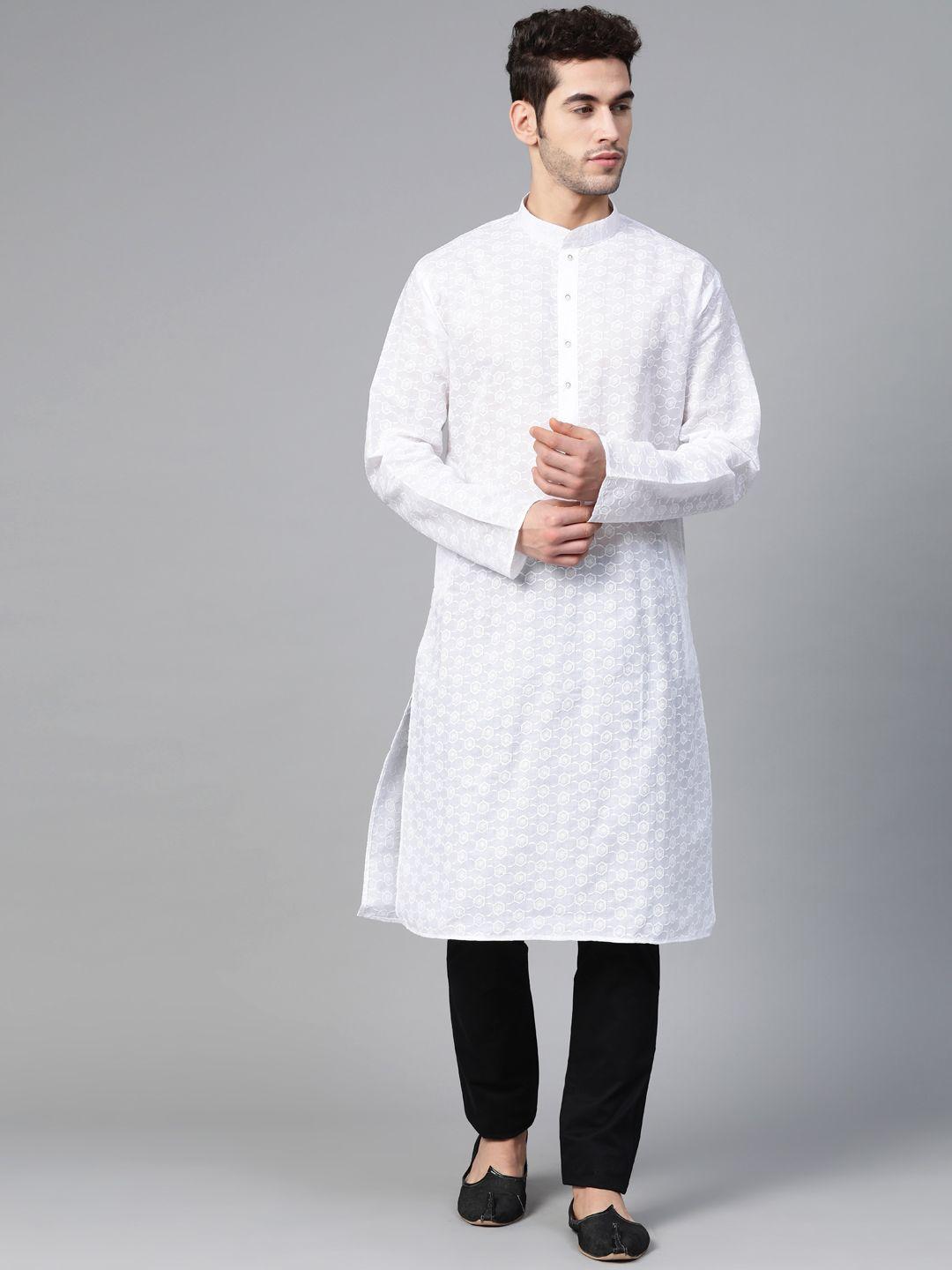 manq men white ethnic chikankari embroidered straight kurta