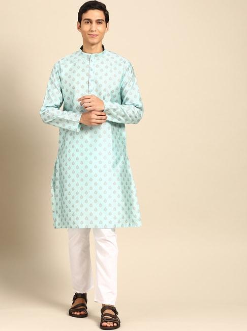 manq sea green & white regular fit printed kurta bottom set