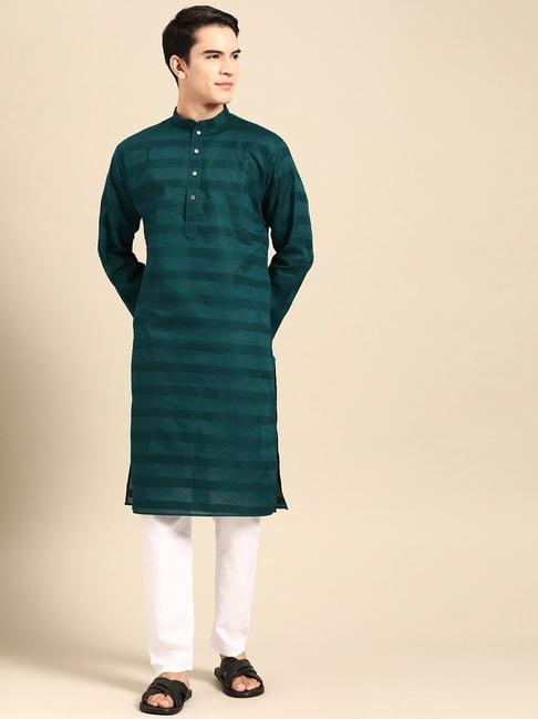 manq teal green & white pure cotton regular fit striped kurta bottom set