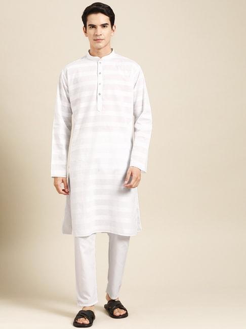 manq white pure cotton regular fit striped kurta bottom set