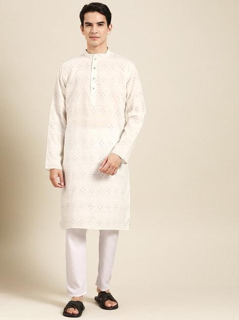 manq white pure cotton regular fit striped kurta bottom set