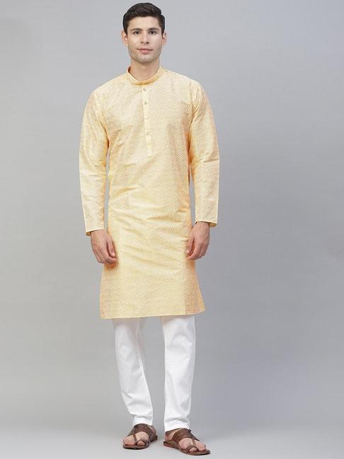 manq yellow & white regular fit printed kurta bottom set