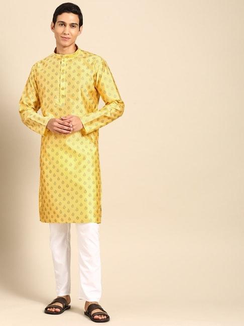 manq yellow & white regular fit printed kurta bottom set