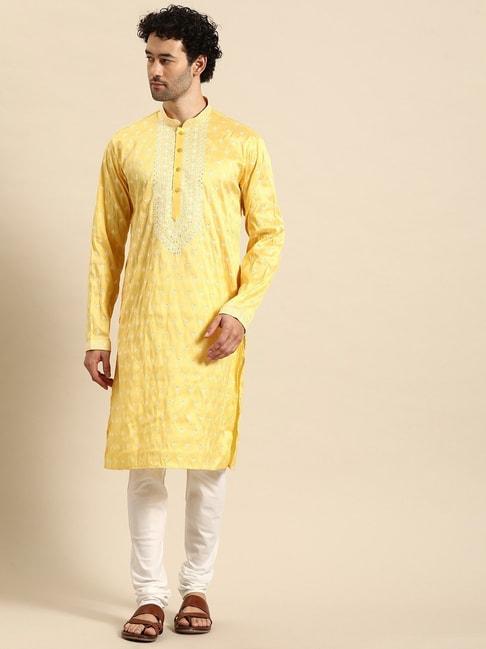 manq yellow regular fit embroidered kurta