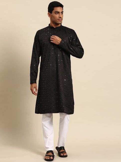 manq black regular fit embroidered kurta