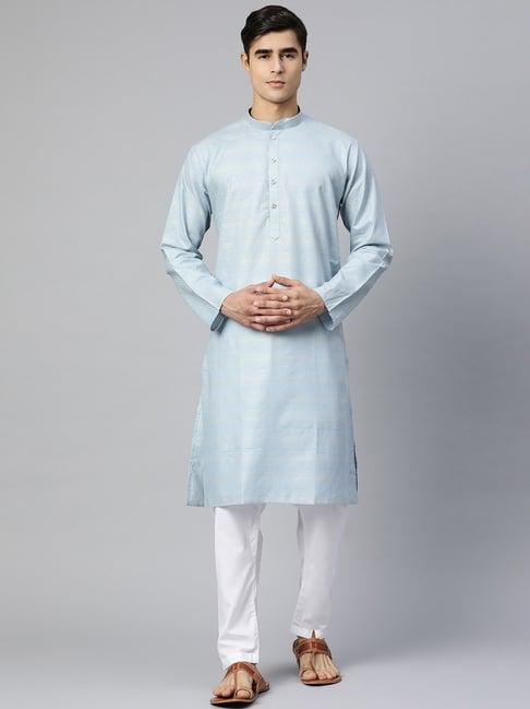 manq blue & white pure cotton regular fit printed kurta bottom set