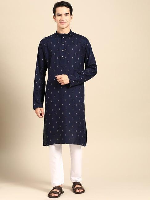 manq blue & white pure cotton regular fit printed kurta bottom set