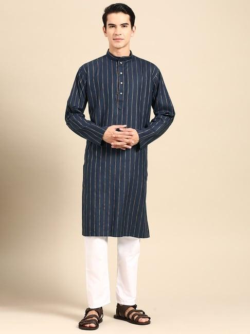 manq blue & white pure cotton regular fit striped kurta bottom set