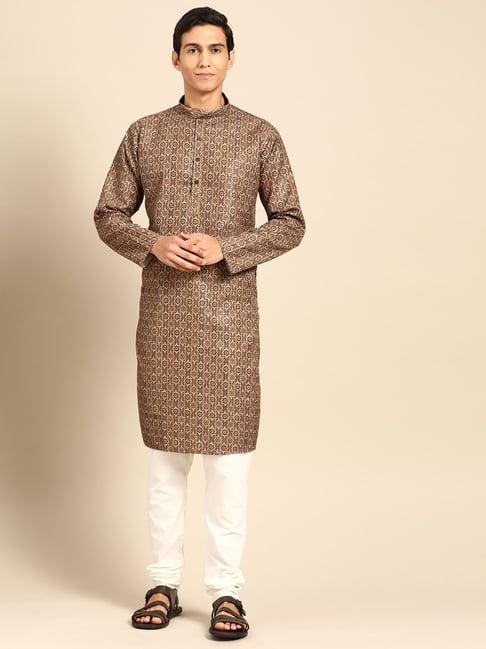 manq brown & white regular fit printed kurta bottom set