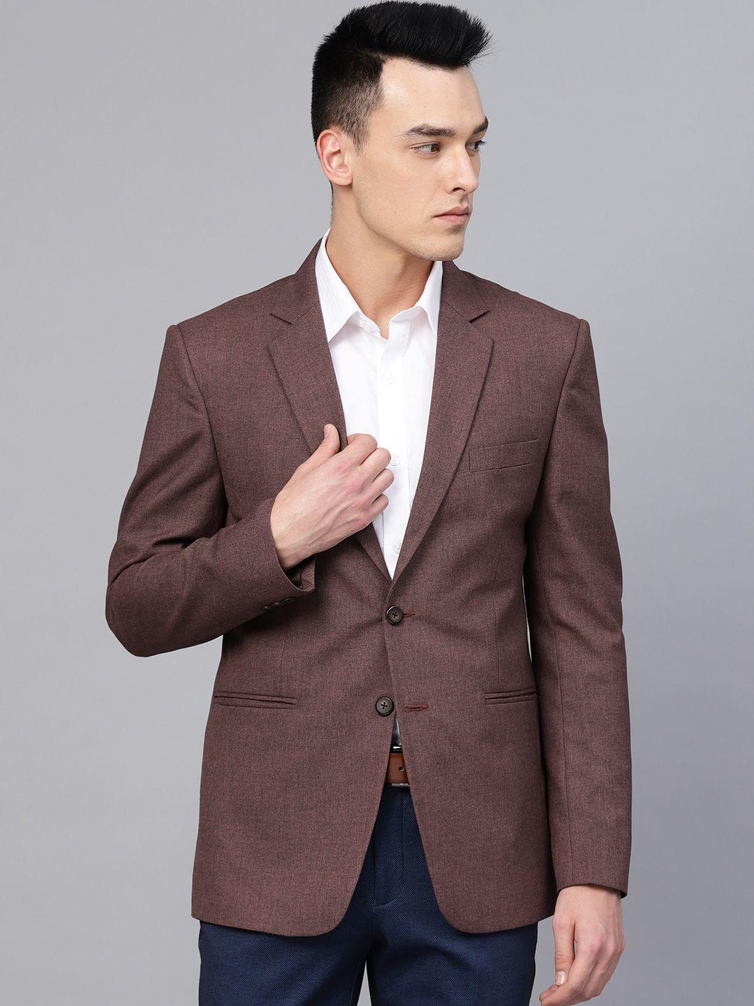 manq copper brown solid slim fit single-breasted formal blazer