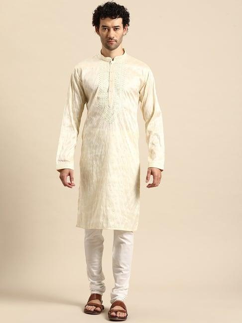 manq cream & white regular fit embroidered kurta bottom set