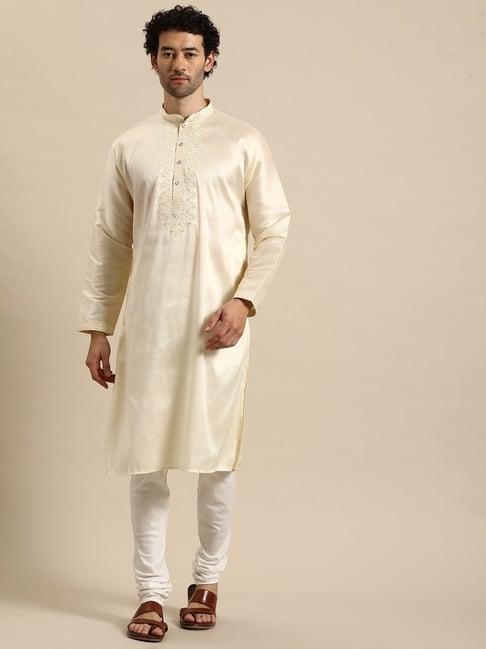 manq cream & white regular fit embroidered kurta bottom set