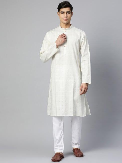 manq cream pure cotton regular fit striped kurta