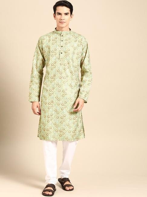 manq green & white regular fit printed kurta bottom set