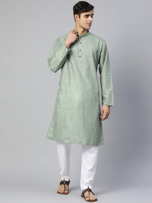 manq green & white regular fit self pattern kurta bottom set