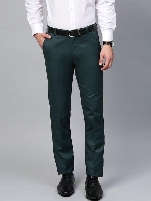 manq green slim fit flat front trousers