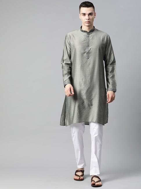manq grey & white regular fit embroidered kurta bottom set