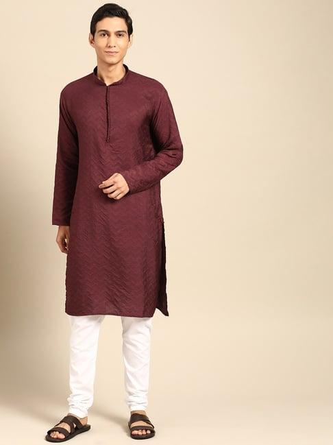 manq maroon & white regular fit self pattern kurta bottom set