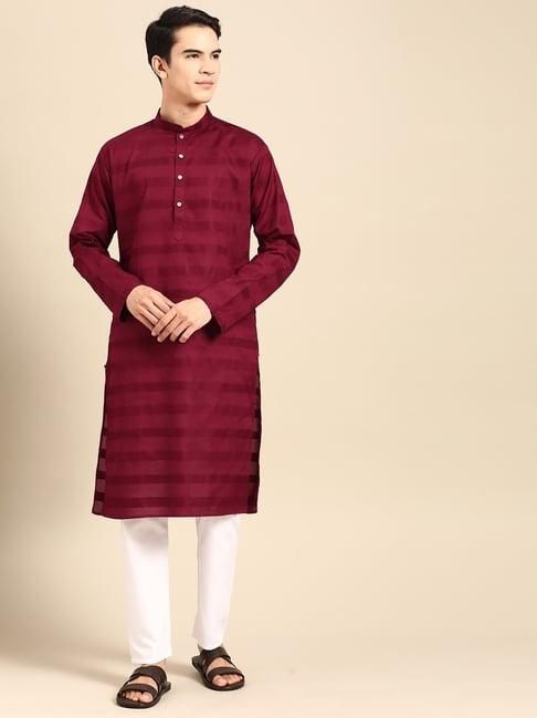 manq maroon pure cotton regular fit striped kurta