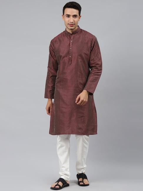 manq maroon regular fit striped ethnic wear