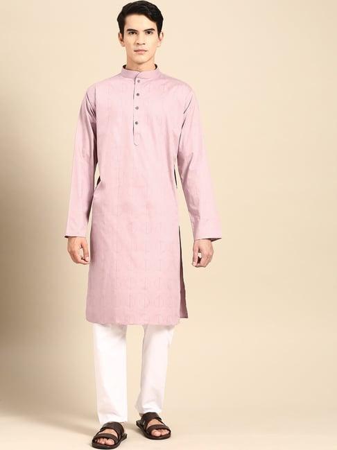 manq mauve & white pure cotton regular fit self pattern kurta bottom set