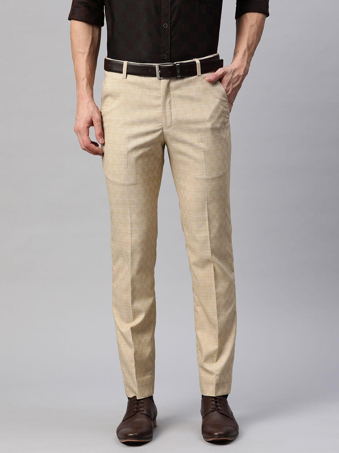 manq men beige checked slim fit trousers