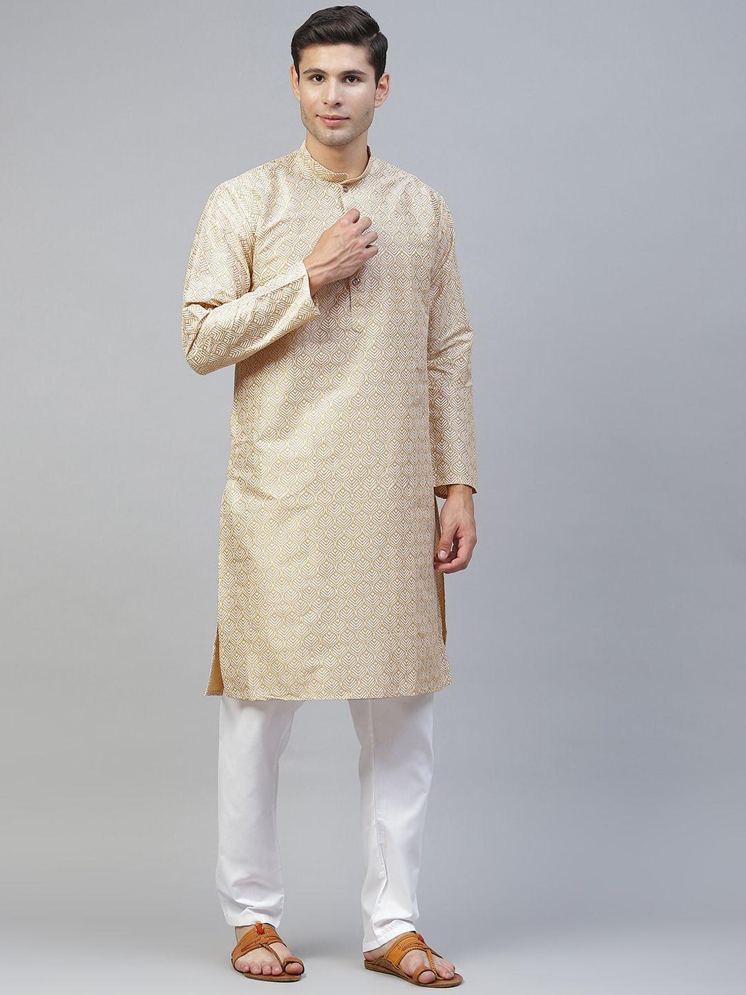 manq men beige ethnic motifs printed kurta with pyjamas