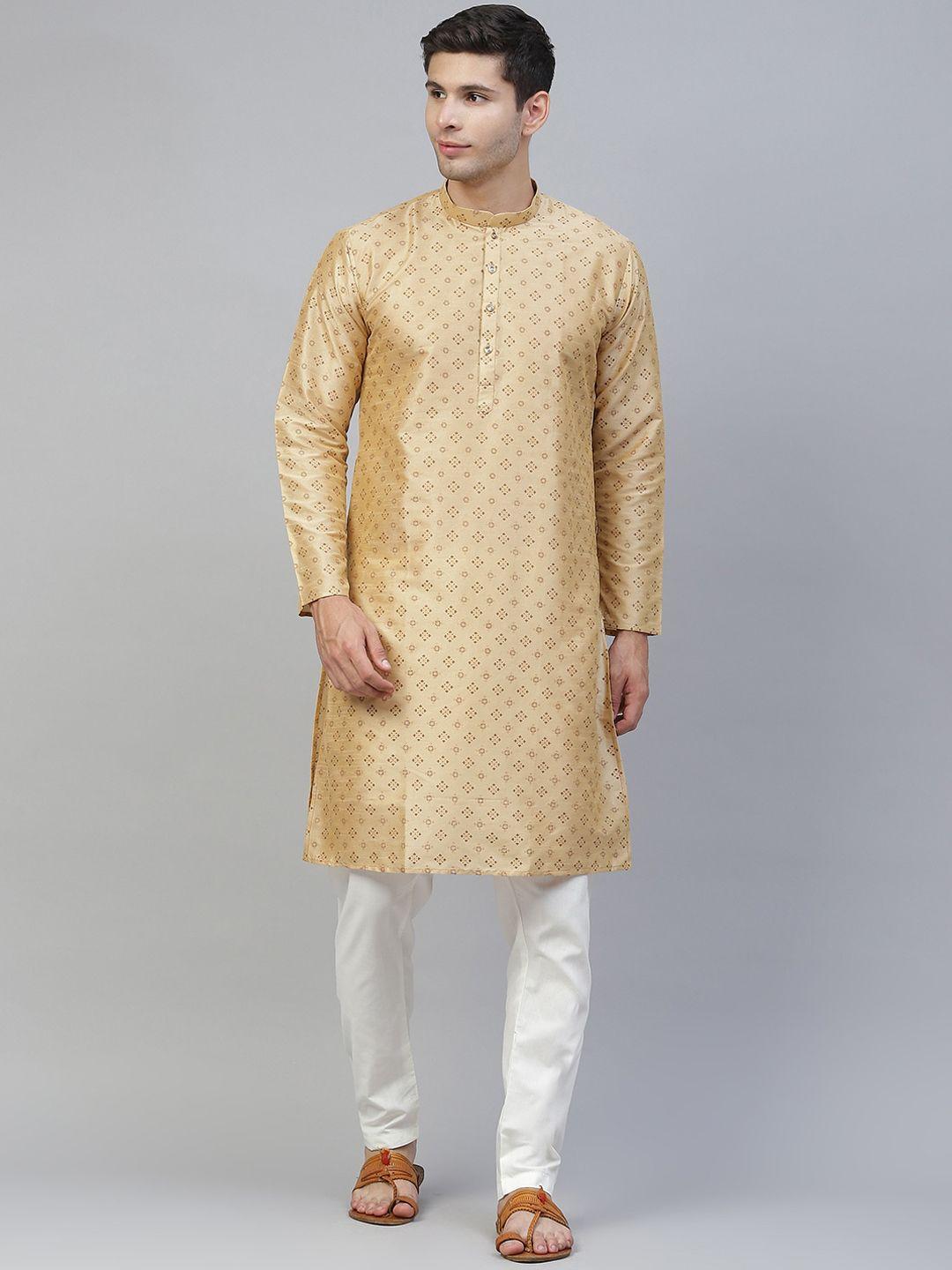 manq men beige ethnic motifs printed kurta