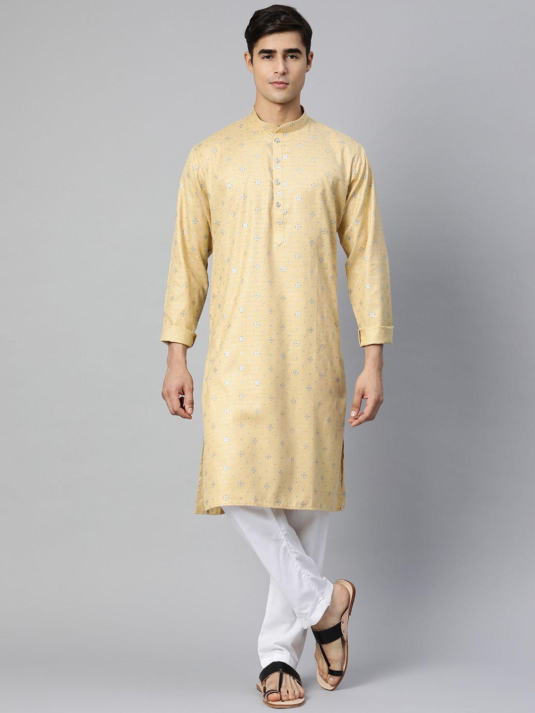 manq men beige ethnic motifs straight cotton kurta