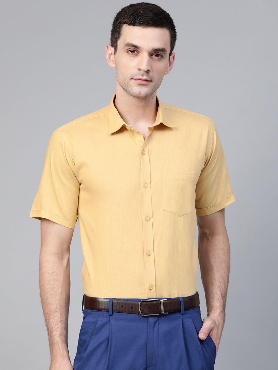 manq men beige semi-slim fit solid formal shirt