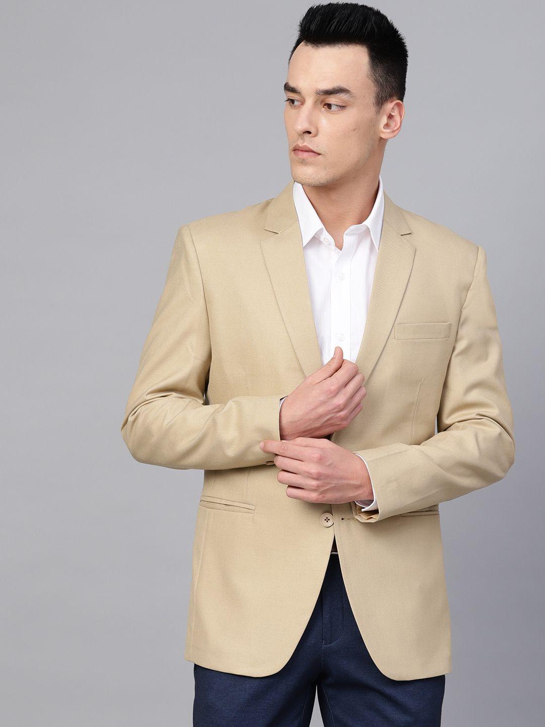 manq men beige slim fit solid single-breasted formal blazer