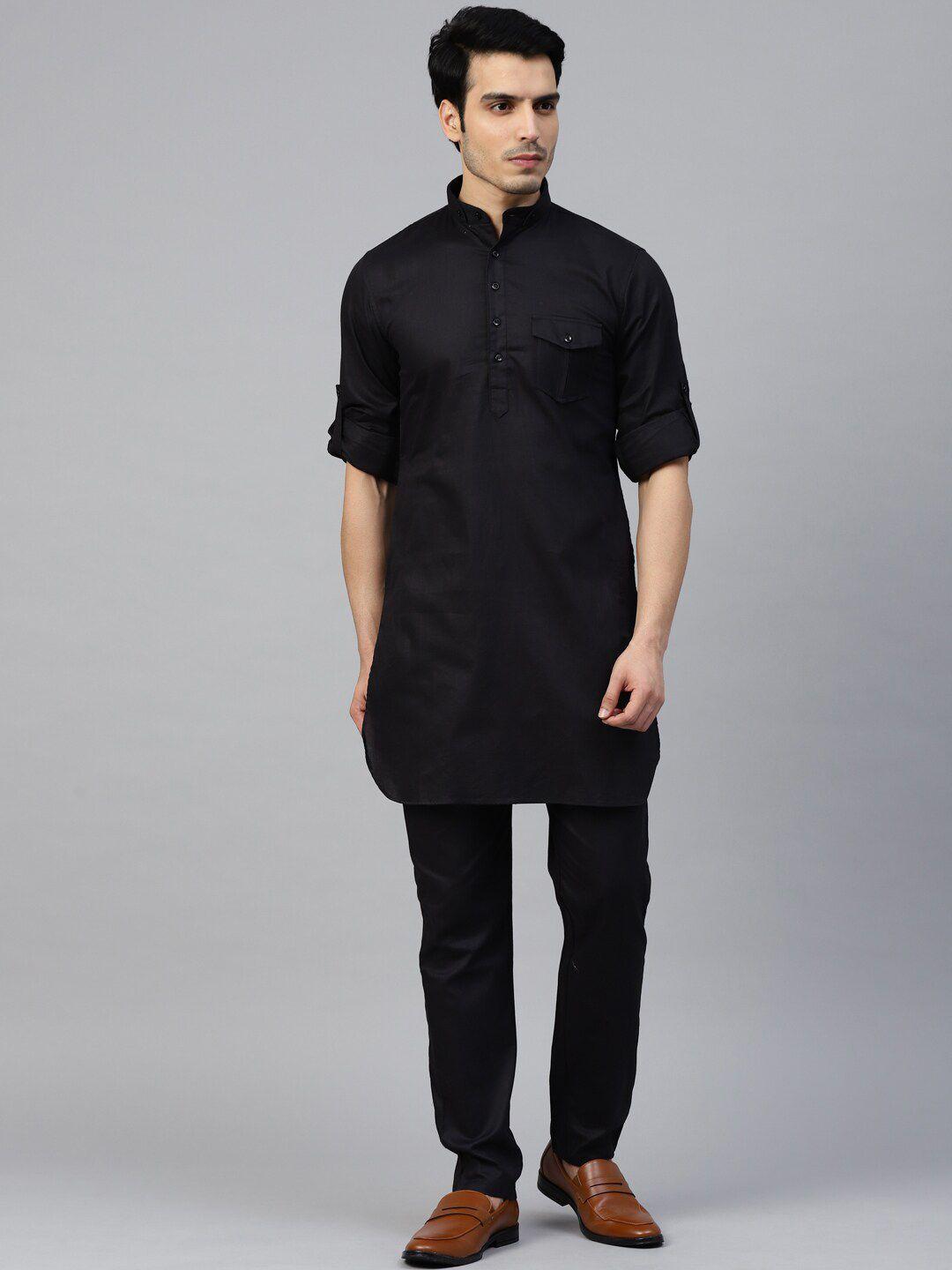 manq men black pure cotton kurta with trousers