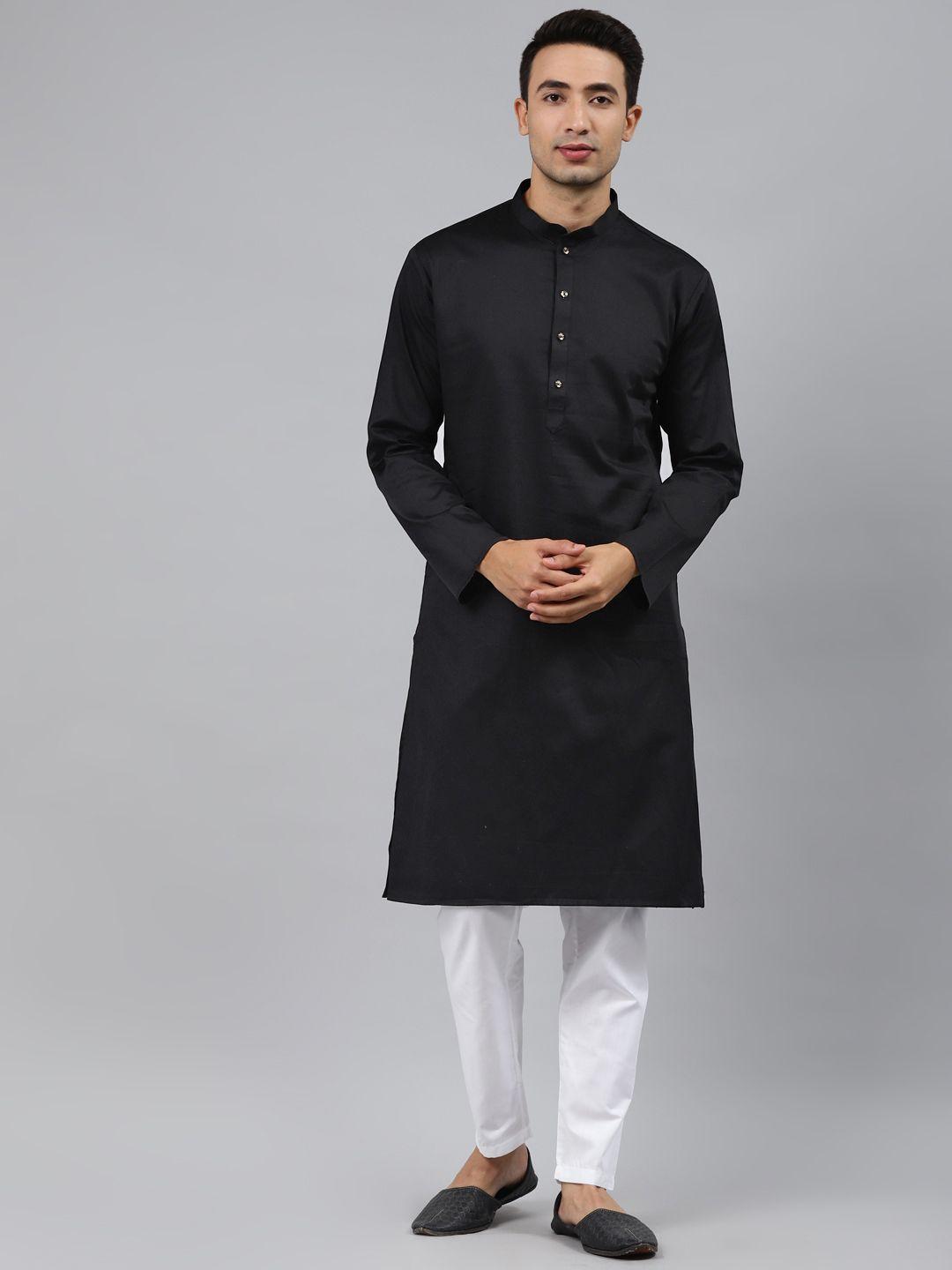 manq men black regular pure cotton kurta with pyjamas
