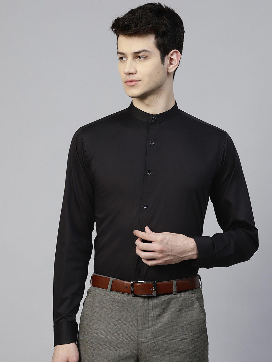 manq men black slim fit solid smart casual shirt