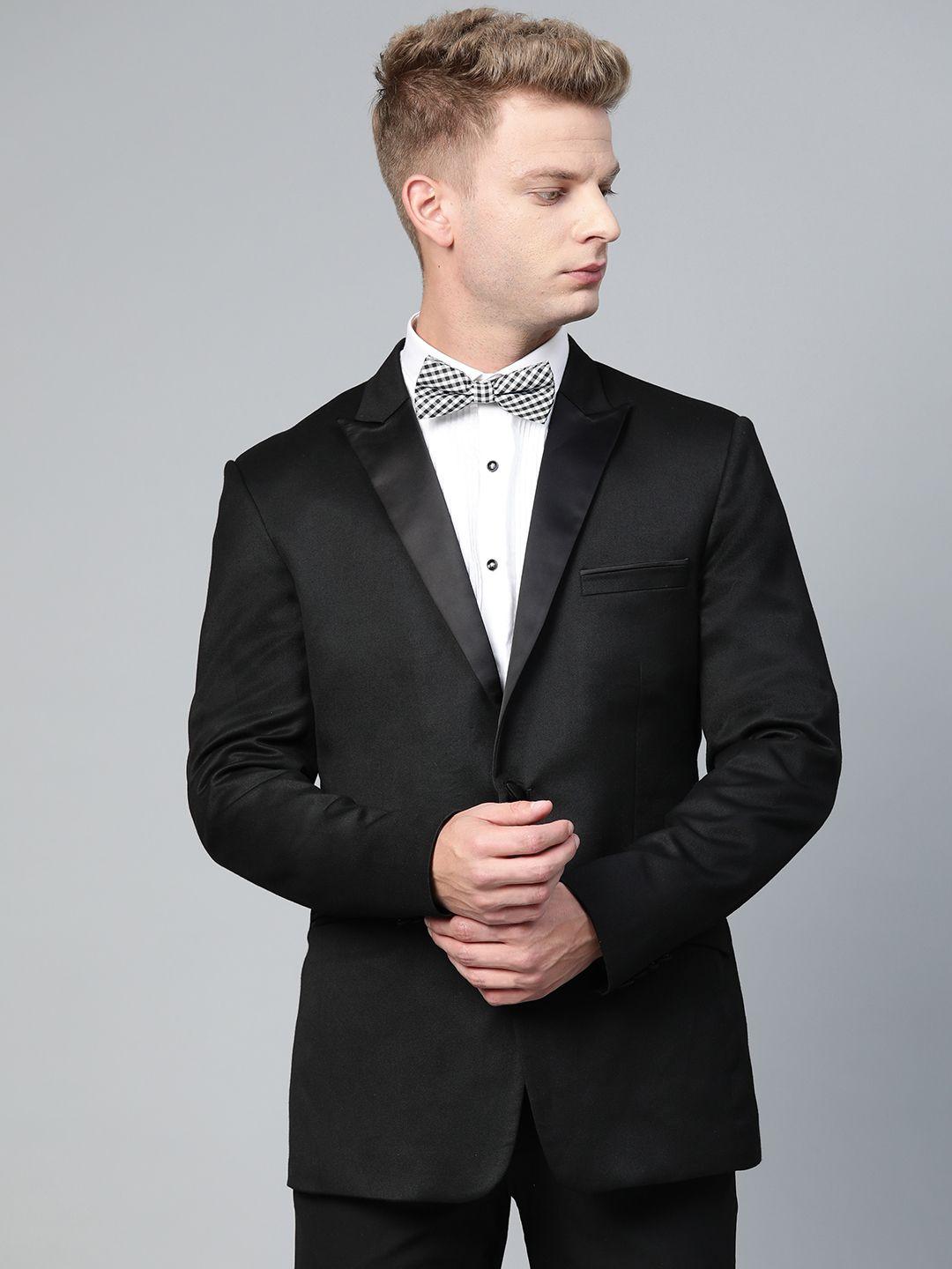 manq men black solid single-breasted slim fit tuxedo blazer