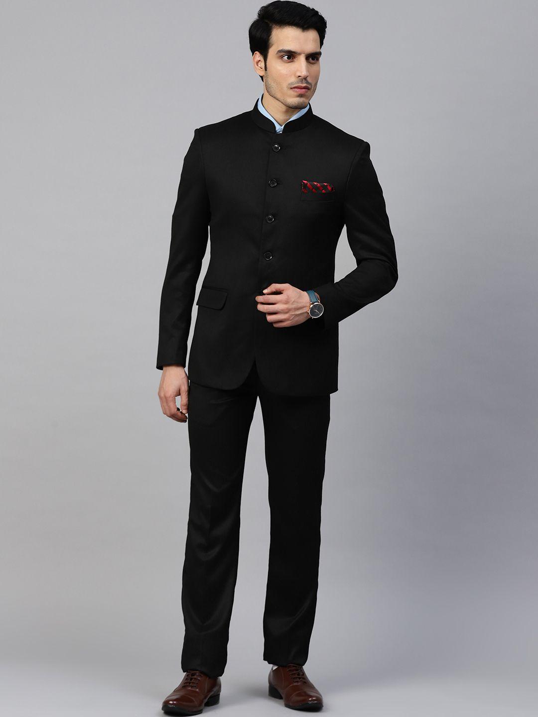 manq men black solid slim fit bandhgala suit